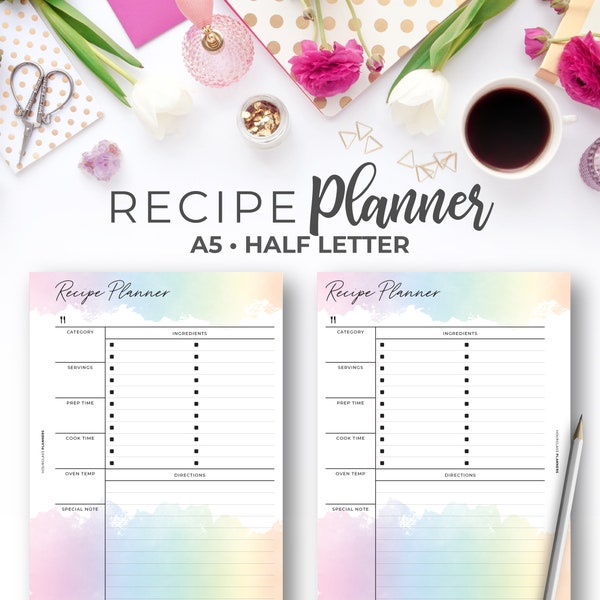 Recipe Planner Insert A5 & Half Letter | Rainbow Printable Recipe Card Planner Pages