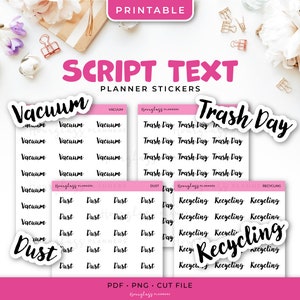 Druckbare Script Text Planer Aufkleber - Staubsauger, Staub, Müll Tag, Recycling - Instant Download