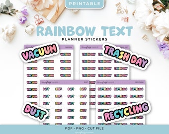 Printable Rainbow Text Planner Stickers - Vacuum, Dust, Trash Day, Recycling - Instant Download