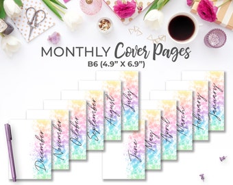 Monthly Cover Page B6 Inserts | Printable Rainbow Watercolor Script Monthly Dashboard Divider Planner Pages