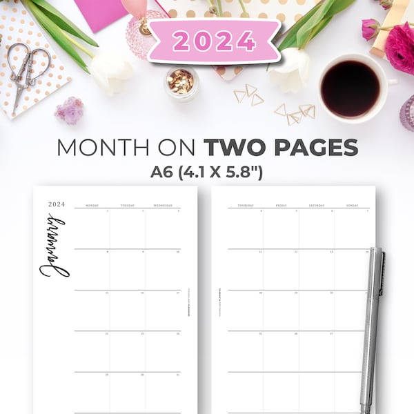 2024 Minimal A6 Printable Monthly Calendar Insert On Two Pages