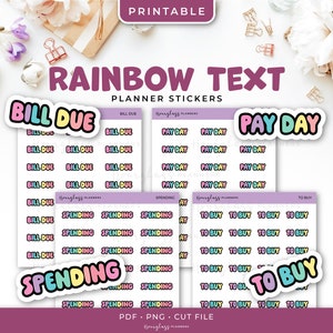 Druckbare Buchhaltung Regenbogen Text Planer Aufkleber - Bill Fällig, Zahltag, Ausgaben, Zu Kaufen - Instant Download