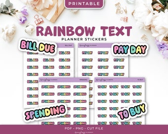 Printable Finance Rainbow Text Planner Stickers - Bill Due, Pay Day, Spending, To Buy - Instant Download