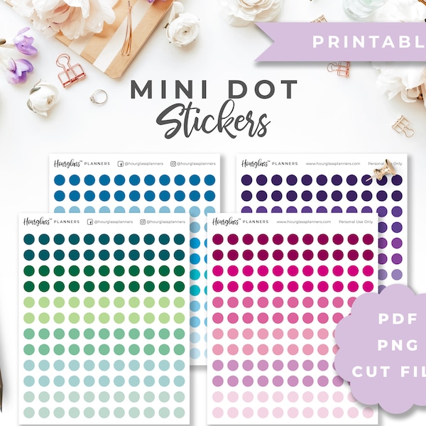 Printable Mini Dot Stickers in Blue, Green, Pink & Purple Colors