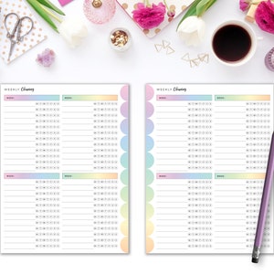 May include: Two printable pages with a pastel rainbow design. Each page has four sections labeled "Week" with lines for writing and circles for checking off tasks. The pages are titled "Weekly Cleaning".