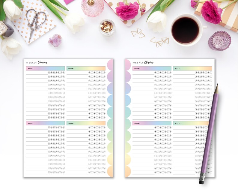 May include: Two printable pages with a pastel rainbow design. Each page has four sections labeled "Week" with lines for writing and circles for checking off tasks. The pages are titled "Weekly Cleaning".