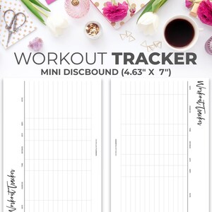 May include: A white workout tracker with black grid lines and the text "Workout Tracker" in black script. The tracker is a mini discbound notebook with a size of 4.63 inches by 7 inches.
