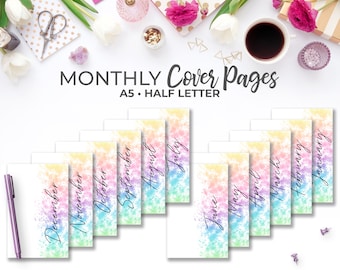 Monthly Cover Page Inserts A5 & Half Letter | Printable Rainbow Watercolor Script Monthly Dashboard Divider Planner Pages