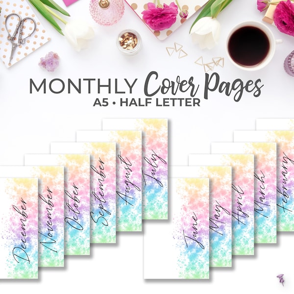 Monthly Cover Page Inserts A5 & Half Letter | Printable Rainbow Watercolor Script Monthly Dashboard Divider Planner Pages