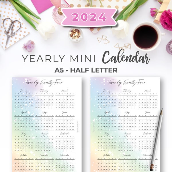 Rainbow 2024 Yearly Mini Calendar on 1 Page Insert A5 & Half Letter | Printable Dated 2024 Watercolor Printable Calendar Planner Pages