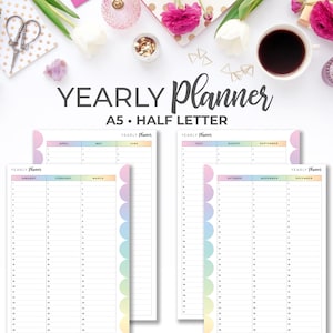 May include: Two printable yearly planner pages in A5 and half letter sizes. The pages are divided into 12 months with pastel colored circles on the side. The months are labeled January through December.