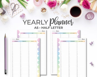 Yearly Planner A5 & Half Letter Inserts | Rainbow Printable Yearly Planner Pages