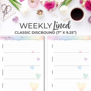 Week on 2 Pages Horizontal Classic Happy Planner Insert | Printable Watercolor Weekly Lined Planner on Two Pages Classic Discbound
