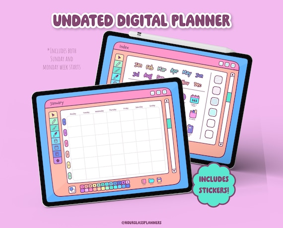 Undated Digital Planner for iPad GoodNotes, Landscape Hyperlinked PDF Planner, Cute Colorful Paint App Style Tablet Planner