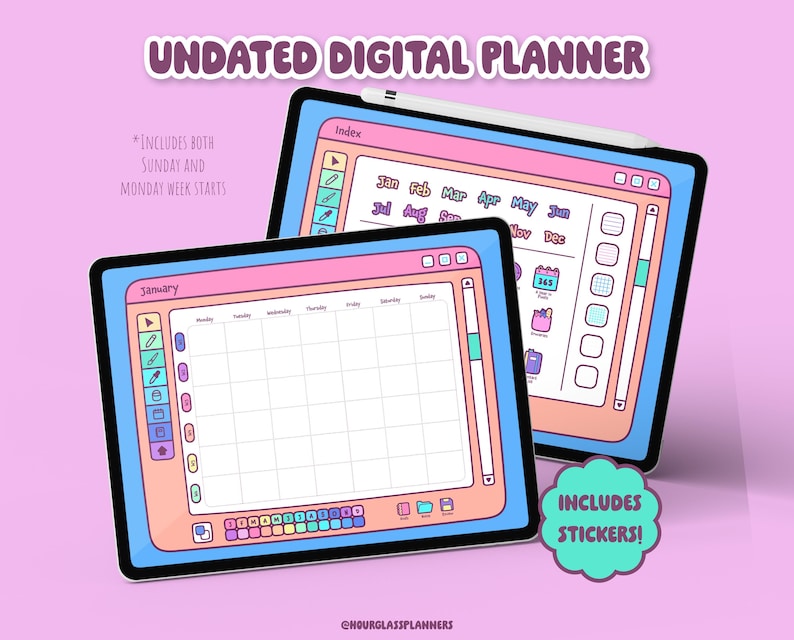 May include: Two digital planners with a pink and blue design. The top planner displays an index with months, while the bottom planner shows a January calendar layout. Text includes "UNDATED DIGITAL PLANNER" and "INCLUDES STICKERS!"