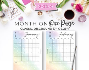 2024 maandelijkse planner-inserts voor klassieke Happy Planner | 2024 Rainbow afdrukbare maandelijkse kalender invoegen op 1 pagina klassieke schijf 7 "X 9,25"