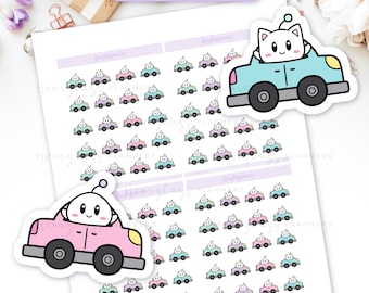 May include: Printable planner stickers featuring cute cartoon characters driving cars. The stickers are in various pastel colors, including pink, blue, green, and yellow. The characters have big eyes and smiles, and they are wearing astronaut helmets. The cars are simple and have rounded edges. The stickers are perfect for adding a touch of whimsy to your planner.