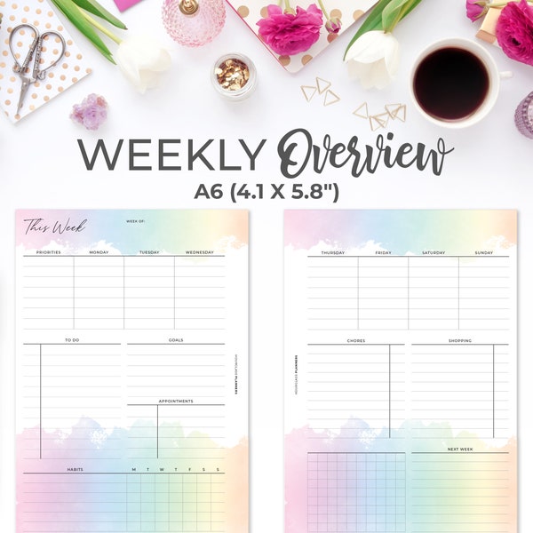 Week on 2 Pages Planner A6 Inserts | Printable Rainbow Weekly Overview Planner on Two Pages with Habit Tracker and Lists