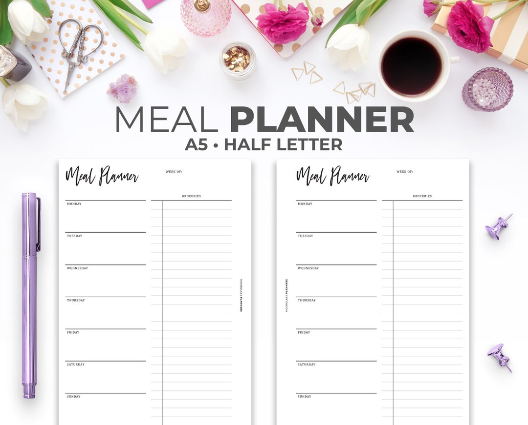Meal Planner Insert A5 & Half Letter | Printable Minimal Weekly Menu ...