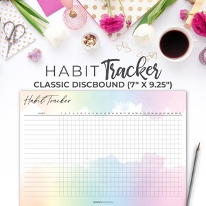 May include: A pastel rainbow watercolor background with a gridded habit tracker. The tracker has a space for the habit name and 31 days of the month. The text "Habit Tracker Classic Discbound (7" x 9.25")" is at the top of the page.