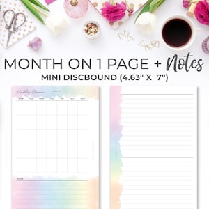 May include: A pastel rainbow watercolor design on a monthly planner and notes page. The planner is a mini discbound size, measuring 4.63 inches by 7 inches. The planner has a grid for each day of the month and a notes section.