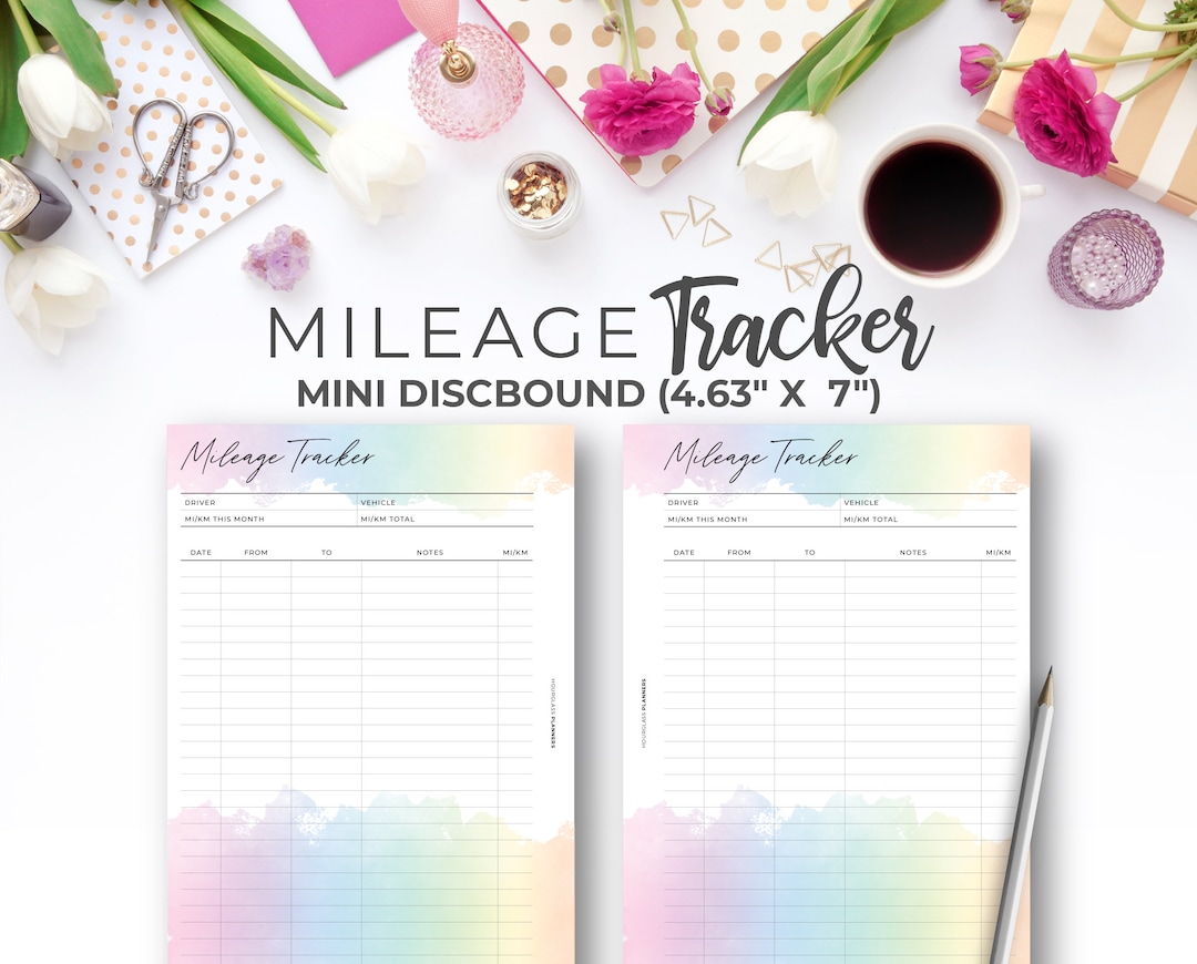 Mileage Tracker Printable Insert for Mini Happy Planner Size | Rainbow Watercolor Work Trip ...