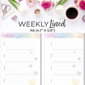 Puede incluir: Un planificador semanal con un fondo de acuarela de arcoíris. El planificador es de tamaño A6, que es de 4,1 pulgadas por 5,8 pulgadas. El planificador tiene páginas rayadas para cada día de la semana, de lunes a domingo, y una sección de notas.