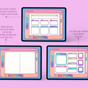 May include: Digital planner screens with a pastel color scheme. The screens display goal setting, note-taking, and review pages. Text on the screens includes "January Goals", "January Notes", and "January Review". The planner is designed to help define objectives, track progress, and stay focused.