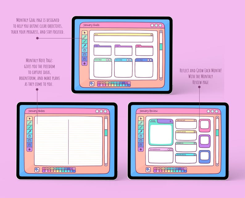 May include: Digital planner screens with a pastel color scheme. The screens display goal setting, note-taking, and review pages. Text on the screens includes "January Goals", "January Notes", and "January Review". The planner is designed to help define objectives, track progress, and stay focused.