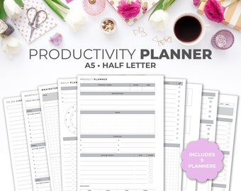 Productivity Planner Bundle Inserts A5 & Half Letter | Minimal Project and Goal Planner Pages Kit