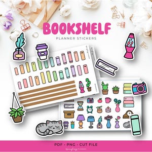 Printable Bookshelf Tracker Stickers | Build-A-Bookshelf Planner Stickers for Reading Tracking | 4 Sheets of Book Tracker Stickers