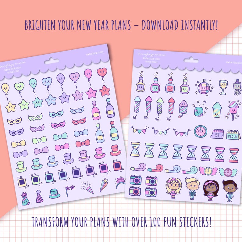 New Years Digital Stickers | 100+ Kawaii Party Goodnotes & PNG Stickers ...