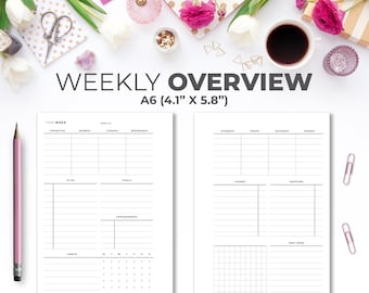 Week on 2 Pages Planner A6 Inserts | Printable Minimal Weekly Overview Planner on Two Pages with Habit Tracker and Lists