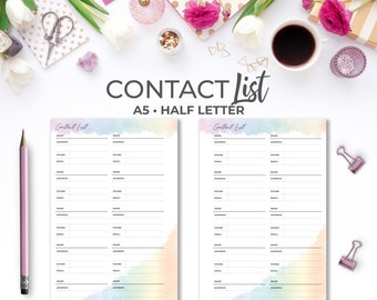 Contact List Planner Insert A5 & Half Letter | Printable Watercolor Address Book Phone Number Tracker Pages