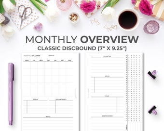 Month on 2 Pages Planner Insert for Classic Happy Planner | Minimal Printable Monthly Overview on Two Pages for Classic Discbound 7" X 9.25"