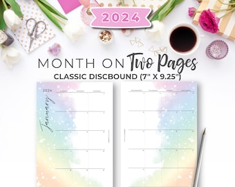 2024 Monthly Planner Inserts for Classic Happy Planner | 2024 Rainbow Printable Monthly Calendar Insert On 2 Pages Classic Disc 7" X 9.25"