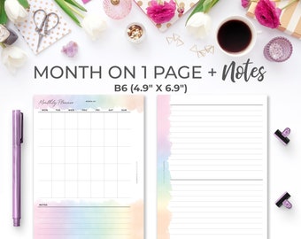 B6 Monthly Planner Insert: Watercolor Rainbow, Notes Section (Digital Download)