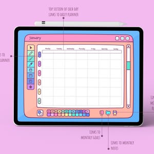 May include: A digital planner interface displayed on a tablet, featuring a pink, blue, and peach color scheme. The screen shows a calendar layout for January, with links to weekly, daily, and monthly planning sections. A white stylus rests at the top.
