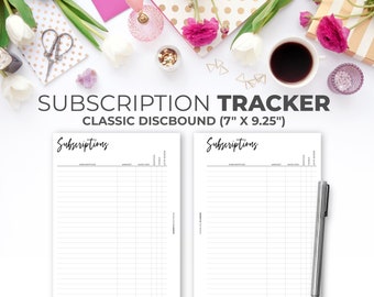 Könnte beinhalten: Ein schwarz-weißer druckbarer Abonnement-Tracker mit dem Text "Abonnements" oben auf jeder Seite. Der Tracker ist für einen klassischen Discbound-Planer konzipiert und misst 17,78 cm x 23,49 cm.