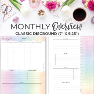 Classic Happy Planner Month on 2 Pages Planner Insert | Rainbow Printable Monthly Overview on Two Pages for Classic Discbound 7&quot; X 9.25&quot;