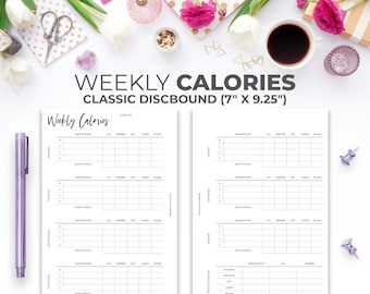 Weekly Calorie, Macro & Food Tracker for Classic Happy Planner | Printable Minimal Daily Food Journal Discbound 7" X 9.25"