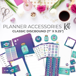 May include: A planner accessories kit with a firefly theme. The kit includes a 7 inch by 9.25 inch discbound planner, stickers, and other accessories. The planner has a purple and blue gradient cover with a firefly in a jar design. The stickers feature fireflies, stars, and other designs.