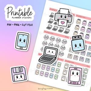 Utskrivbara kawaii-planerarklistermärken med teknikikoner (digital nedladdning)