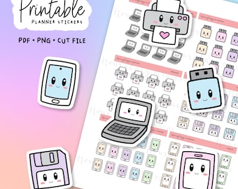 Afdrukbare Kawaii Tech Icon-plannerstickers (digitale download)