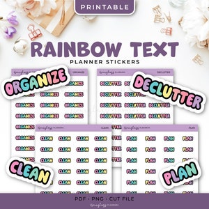 May include: Printable planner stickers with rainbow text. The stickers include the words "Organize", "Declutter", "Clean", and "Plan". Each word is in a colorful, bubble-style font. The stickers are designed for use in planners and are available as PDF, PNG, and cut files.