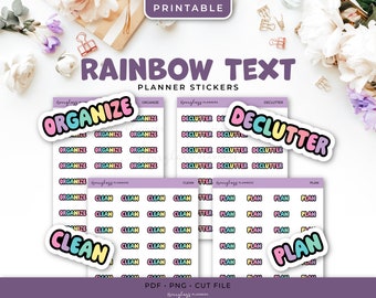 Printable Rainbow Text Planner Stickers - Organize, Declutter, Plan, Clean - Instant Download