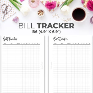 May include: Printable bill tracker in black and white with the text "Bill Tracker" and "B6 (4.9" x 6.9")" at the top. The printable sheet has columns for date, bill, amount, and payment method.