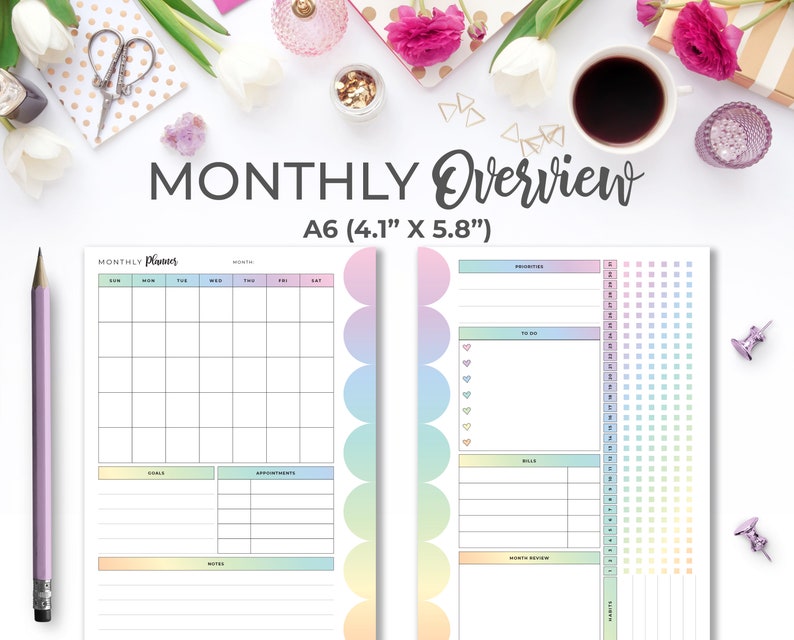 A6 Printable Monthly Overview Planner Insert on 2 Pages in Etsy