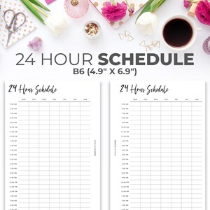 B6 Printable 24 Hour Weekly Schedule Insert | Week on One Page Schedule Minimal Planners Pages