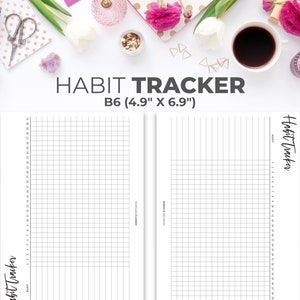 Könnte beinhalten: Ein schwarz-weißer druckbarer Gewohnheits-Tracker mit dem Text "Habit Tracker" und "B6 (4.9" x 6.9")" darauf.
